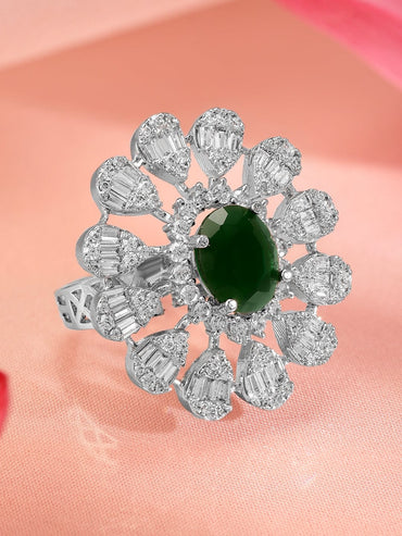 Rubans Rhodium-Plated Emerald Green & Cubic Zirconia Studed Floral Adjustable Finger Ring Rings