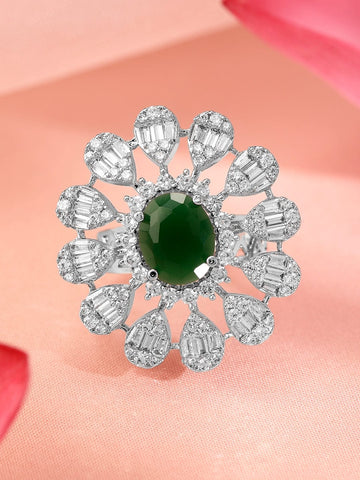 Rubans Rhodium-Plated Emerald Green & Cubic Zirconia Studed Floral Adjustable Finger Ring Rings