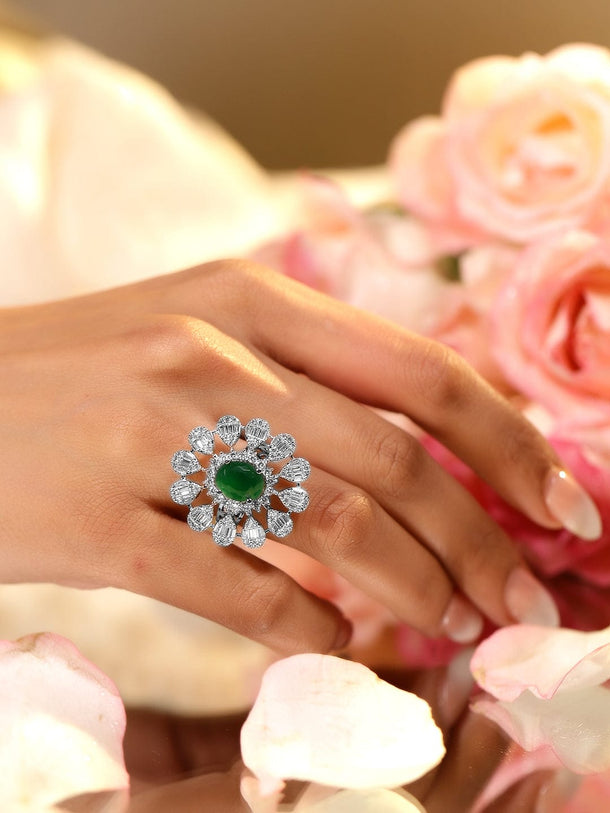 Rubans Rhodium-Plated Emerald Green & Cubic Zirconia Studed Floral Adjustable Finger Ring Rings