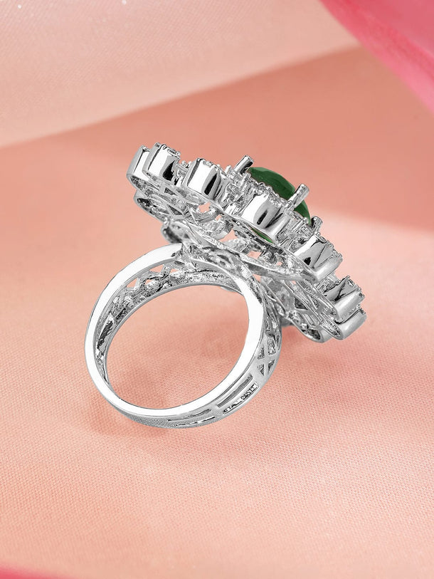 Rubans Rhodium-Plated Emerald Green & Cubic Zirconia Studed Floral Adjustable Finger Ring Rings