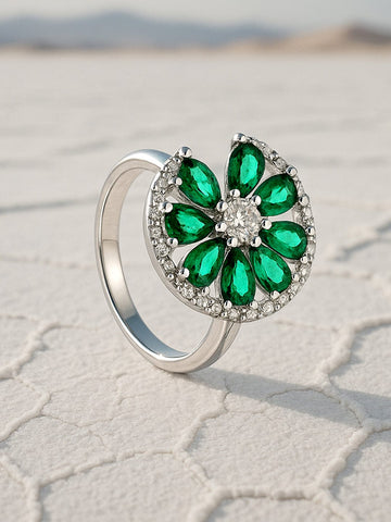 Rubans Rhodium-Plated Emerald Green & CubicZirconia Studded Openable Floral Statement Ring Finger Ring