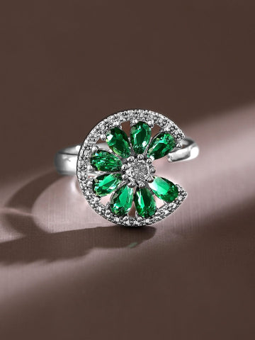Rubans Rhodium-Plated Emerald Green & CubicZirconia Studded Openable Floral Statement Ring Rings
