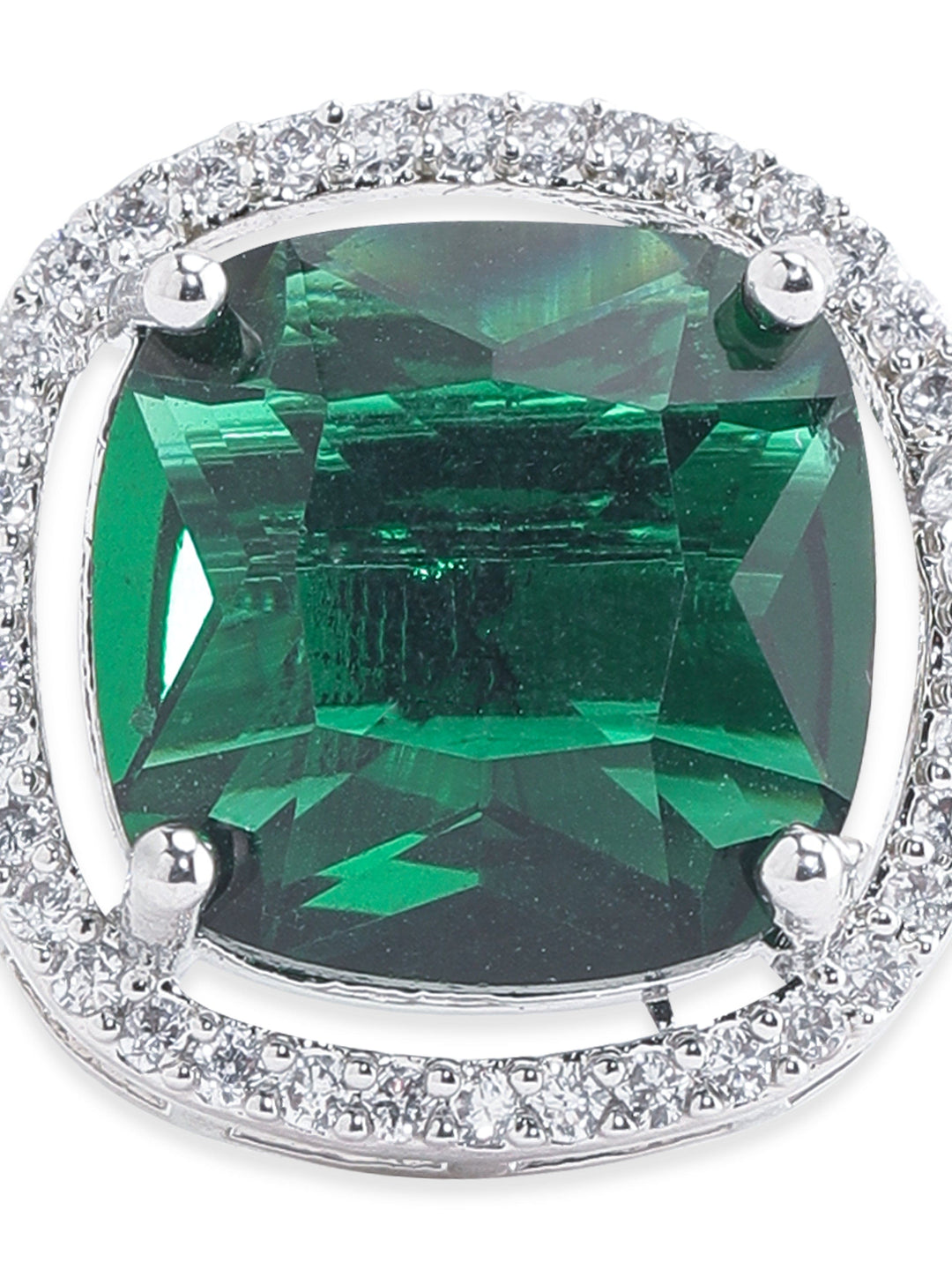 Rubans Rhodium plated Emerald Green Cushion Cut zirconia studded Classy ring Rings