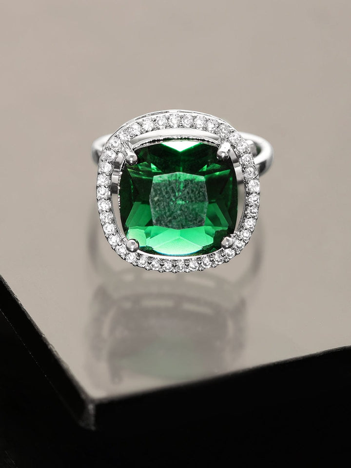 Rubans Rhodium plated Emerald Green Cushion Cut zirconia studded Classy ring Rings