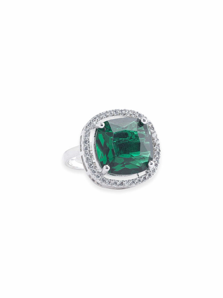 Rubans Rhodium plated Emerald Green Cushion Cut zirconia studded Classy ring Rings