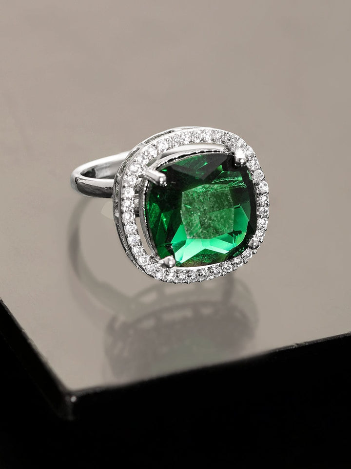 Rubans Rhodium plated Emerald Green Cushion Cut zirconia studded Classy ring Rings