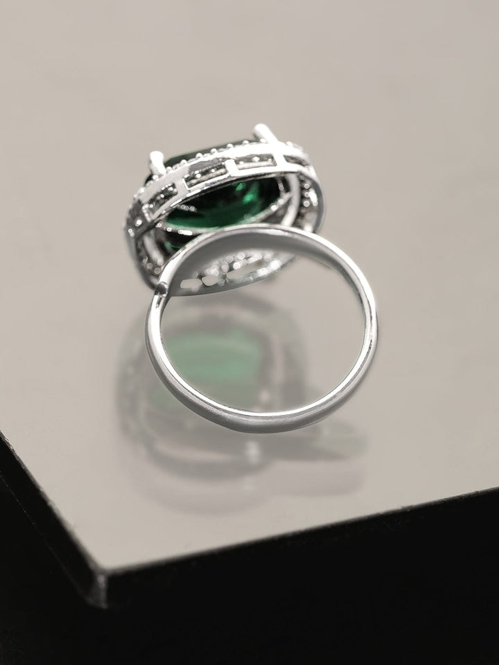 Rubans Rhodium plated Emerald Green Cushion Cut zirconia studded Classy ring Rings