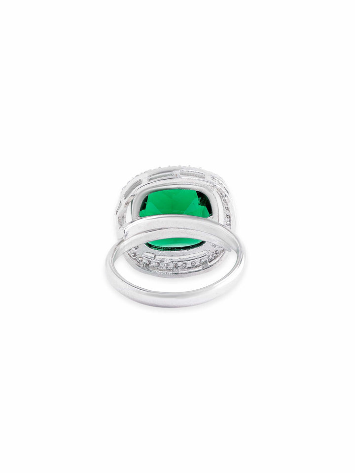 Rubans Rhodium plated Emerald Green Cushion Cut zirconia studded Classy ring Rings