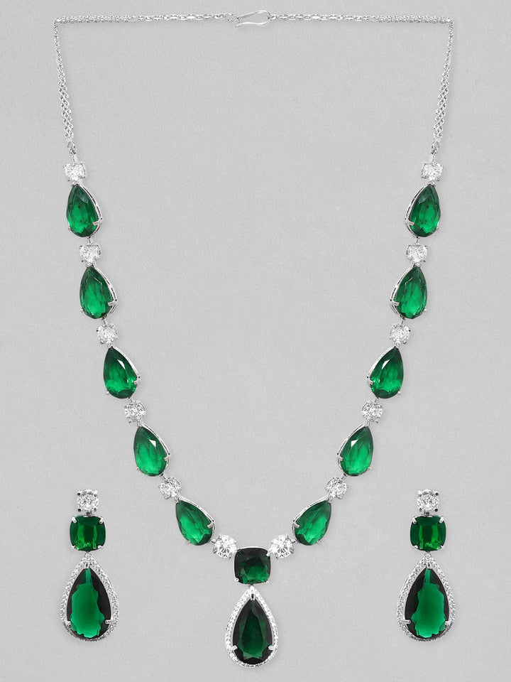 Rubans Rhodium Plated Emerald Green Doublet & Premium Zirconia Necklace Set Necklace Set