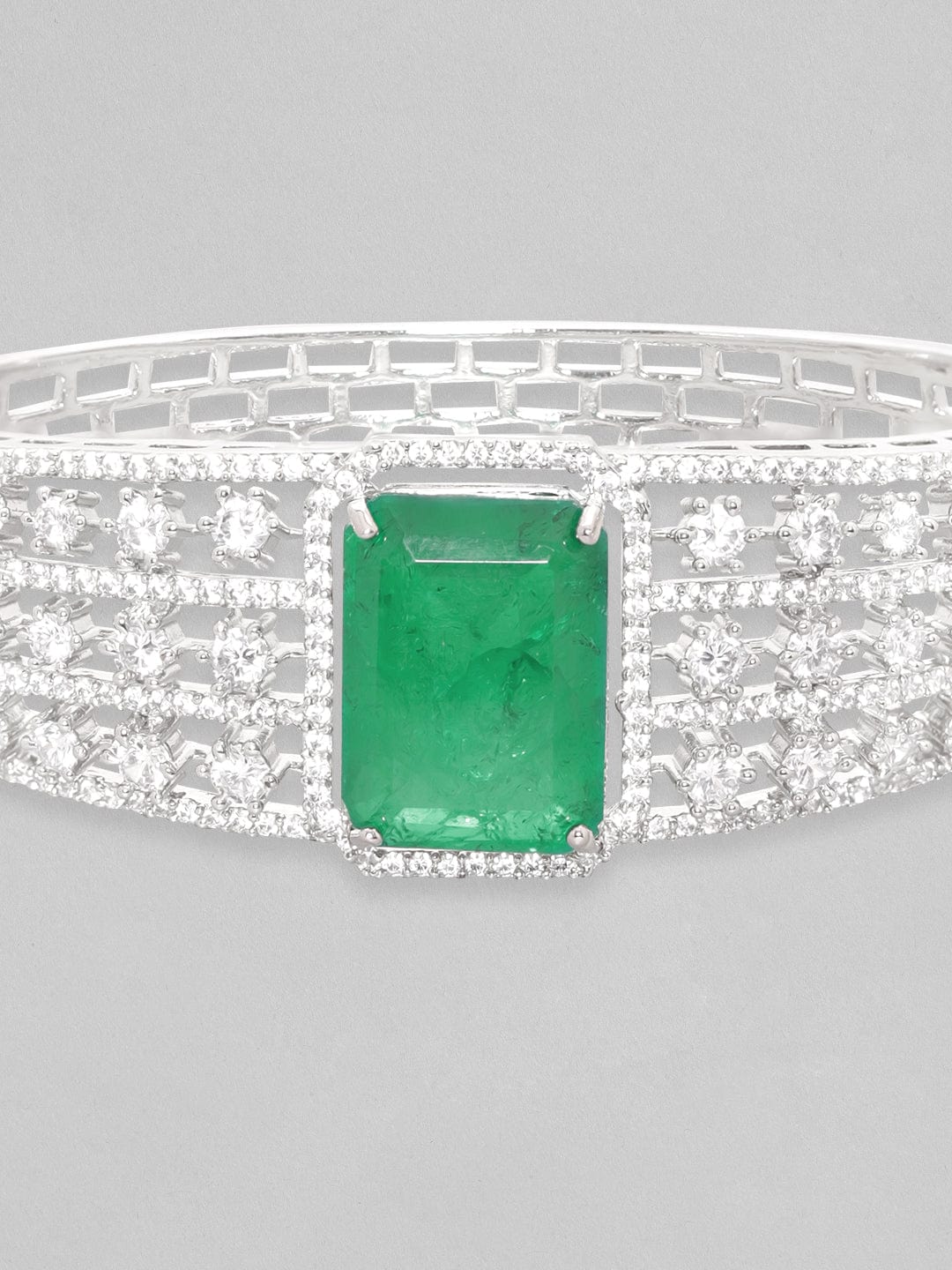 Rubans Rhodium Plated Emerald Green Doublet & Zirconia Statement Bracelet Bracelets