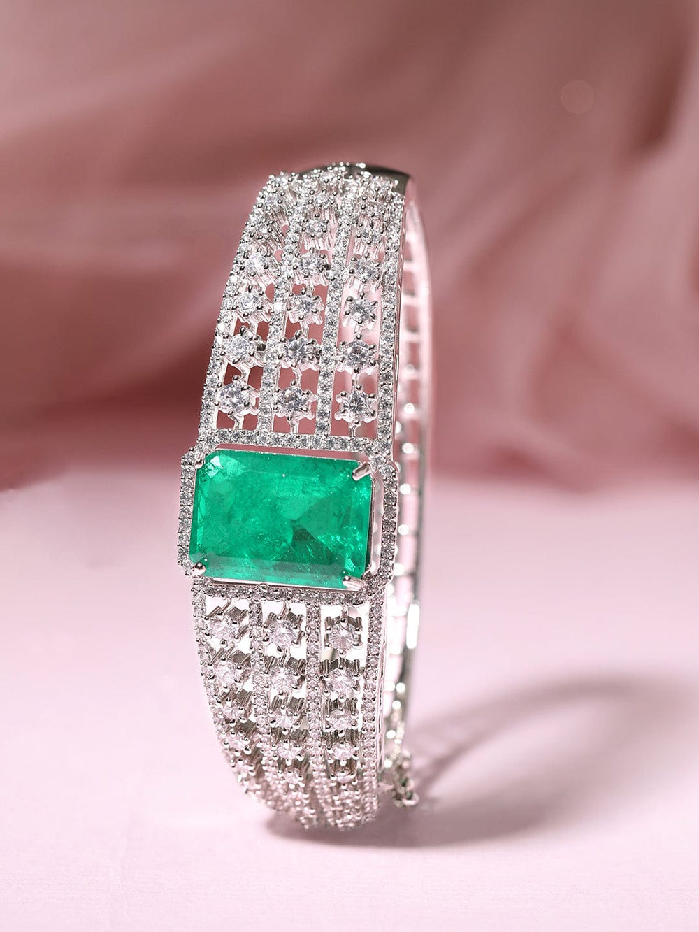 Rubans Rhodium Plated Emerald Green Doublet & Zirconia Statement Bracelet Bracelets