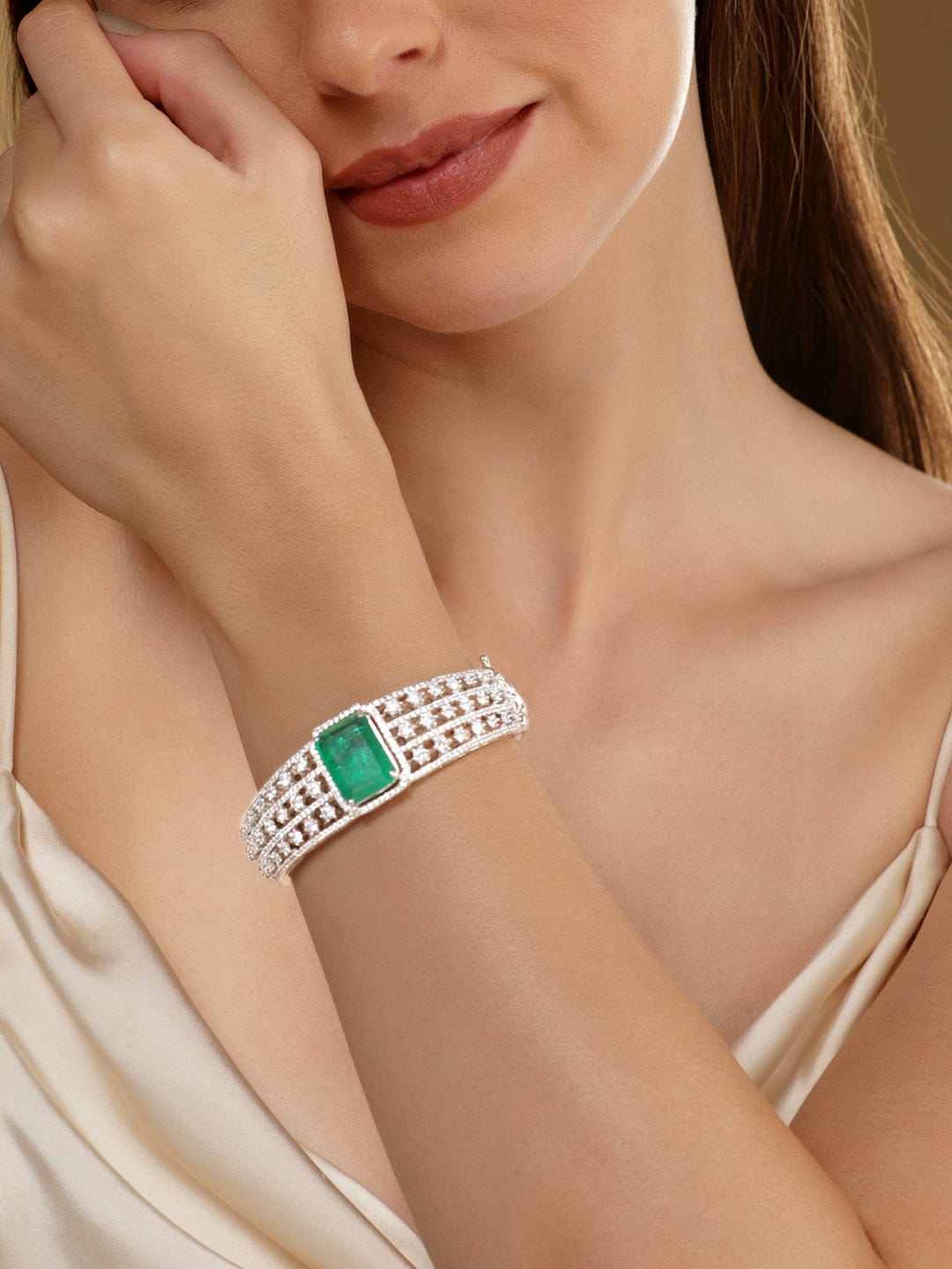 Rubans Rhodium Plated Emerald Green Doublet & Zirconia Statement Bracelet Bracelets