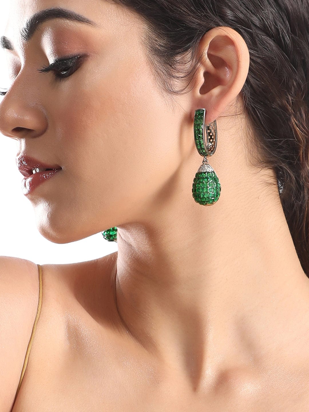 Rubans Rhodium Plated Emerald Green Pave Studded Hoop With Drop Dangle Earrings Earrings