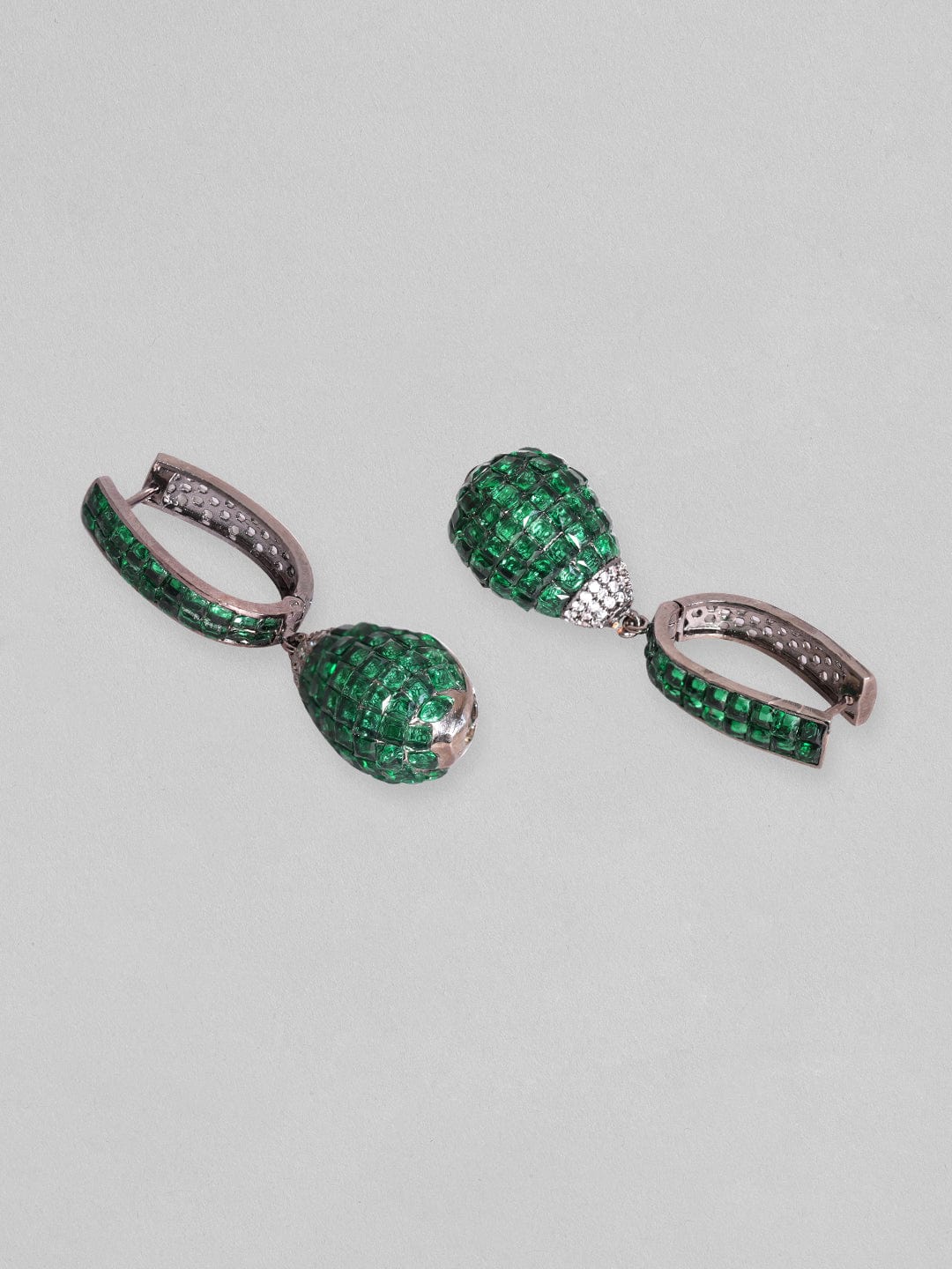 Rubans Rhodium Plated Emerald Green Pave Studded Hoop With Drop Dangle Earrings Earrings