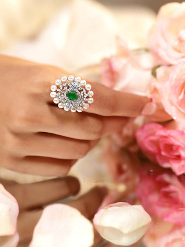 Rubans Rhodium-Plated Emerald Green, Pearl & Cubic Zirconia Studded Adjustable Finger Ring Rings