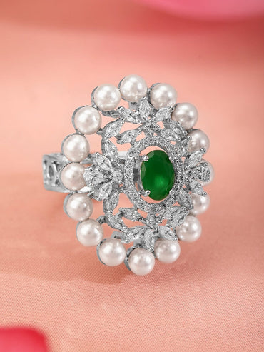 Rubans Rhodium-Plated Emerald Green, Pearl & Cubic Zirconia Studded Adjustable Finger Ring Rings