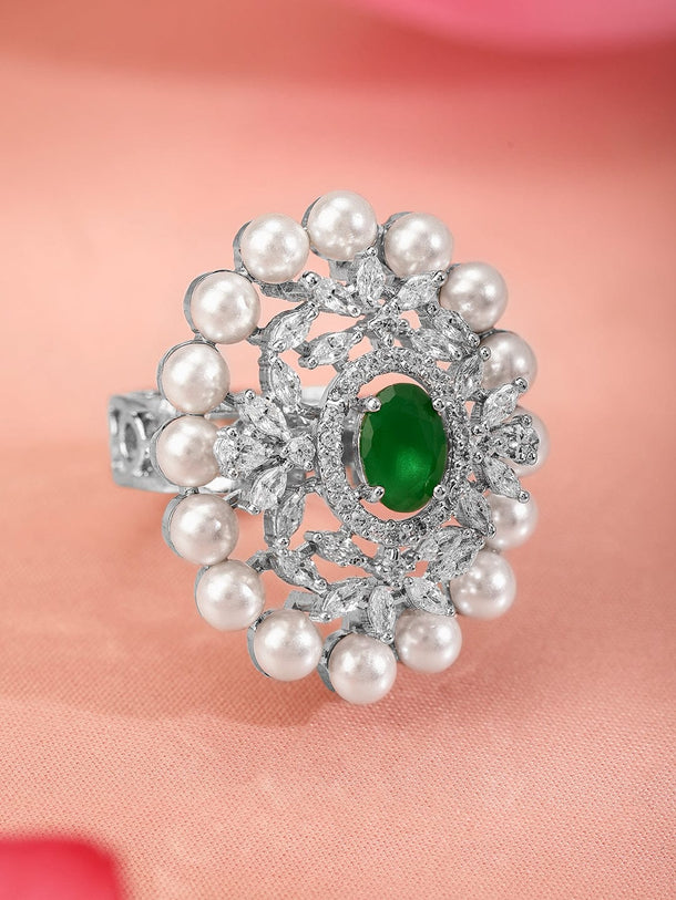 Rubans Rhodium-Plated Emerald Green, Pearl & Cubic Zirconia Studded Adjustable Finger Ring Rings