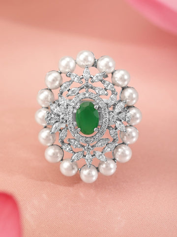 Rubans Rhodium-Plated Emerald Green, Pearl & Cubic Zirconia Studded Adjustable Finger Ring Rings