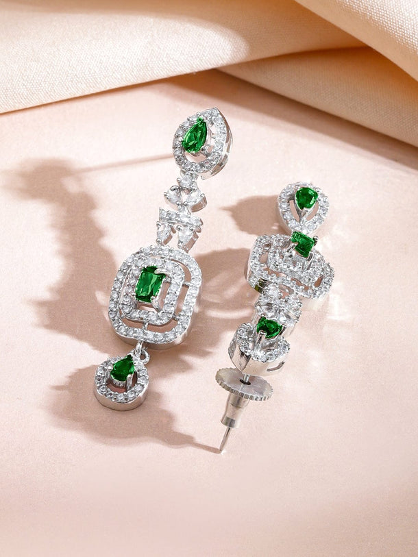 Rubans Rhodium-Plated Emerald Green Stone and Cubic Zirconia Studded Elegant Necklace Set Jewellery Set