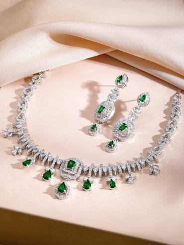 Rubans Rhodium-Plated Emerald Green Stone and Cubic Zirconia Studded Elegant Necklace Set Jewellery Set