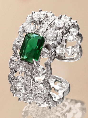Rubans Rhodium-Plated Emerald Green Stone & Cubic Zirconia Adjustable Statement Ring Rings