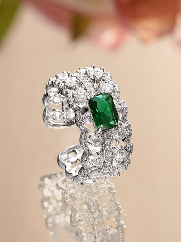 Rubans Rhodium-Plated Emerald Green Stone & Cubic Zirconia Adjustable Statement Ring Rings