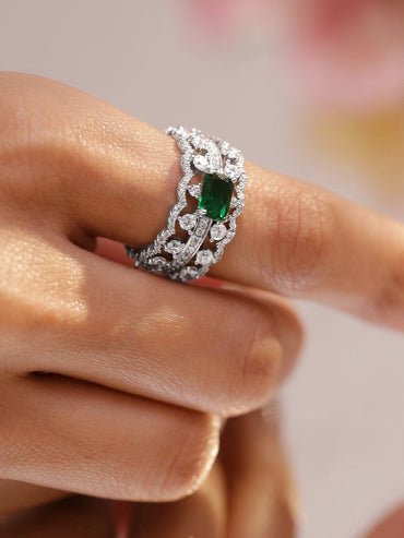 Rubans Rhodium-Plated Emerald Green Stone & Cubic Zirconia Adjustable Statement Ring Rings