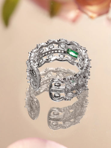 Rubans Rhodium-Plated Emerald Green Stone & Cubic Zirconia Adjustable Statement Ring Rings