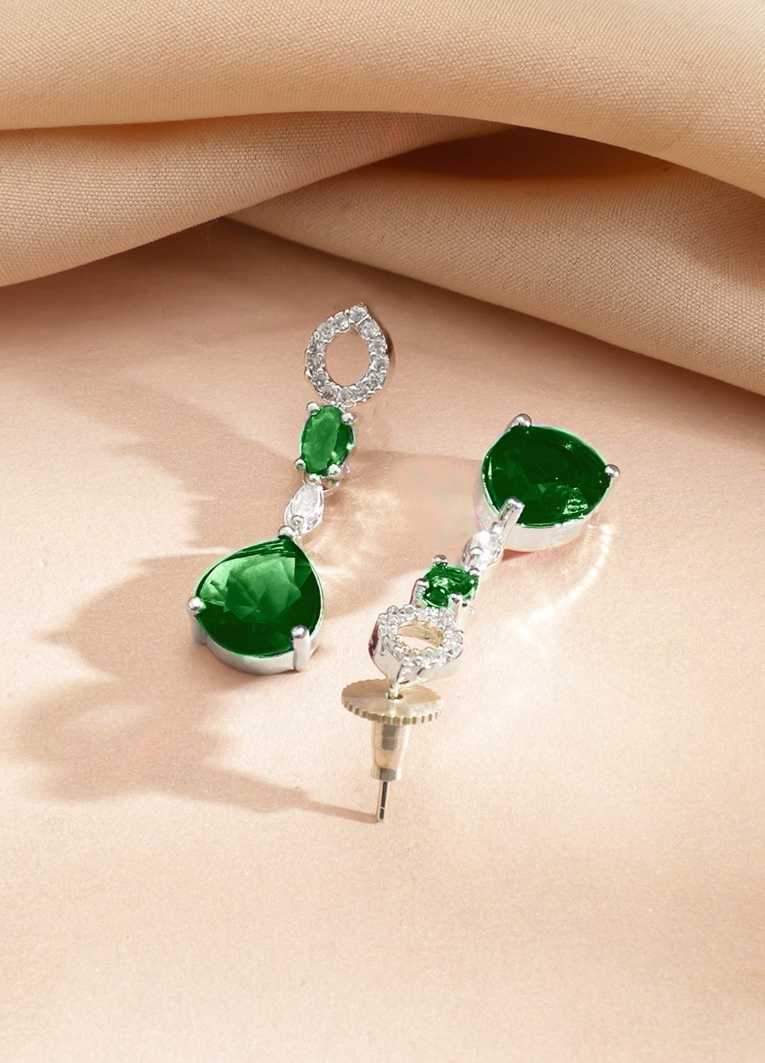 Rubans Rhodium-Plated Emerald Green Stone & Cubic Zirconia Classic Necklace Set Jewellery Set