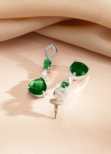 Rubans Rhodium-Plated Emerald Green Stone & Cubic Zirconia Classic Necklace Set Jewellery Set