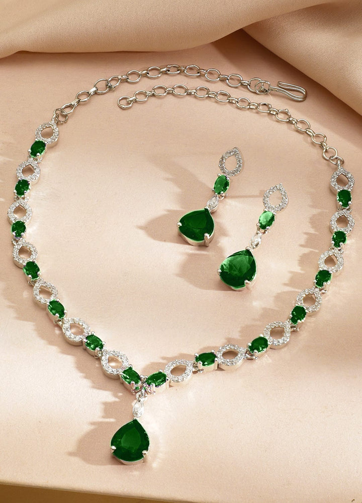 Rubans Rhodium-Plated Emerald Green Stone & Cubic Zirconia Classic Necklace Set Jewellery Set
