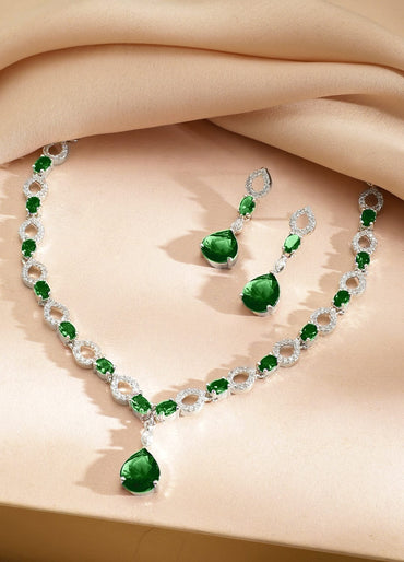 Rubans Rhodium-Plated Emerald Green Stone & Cubic Zirconia Classic Necklace Set Jewellery Set