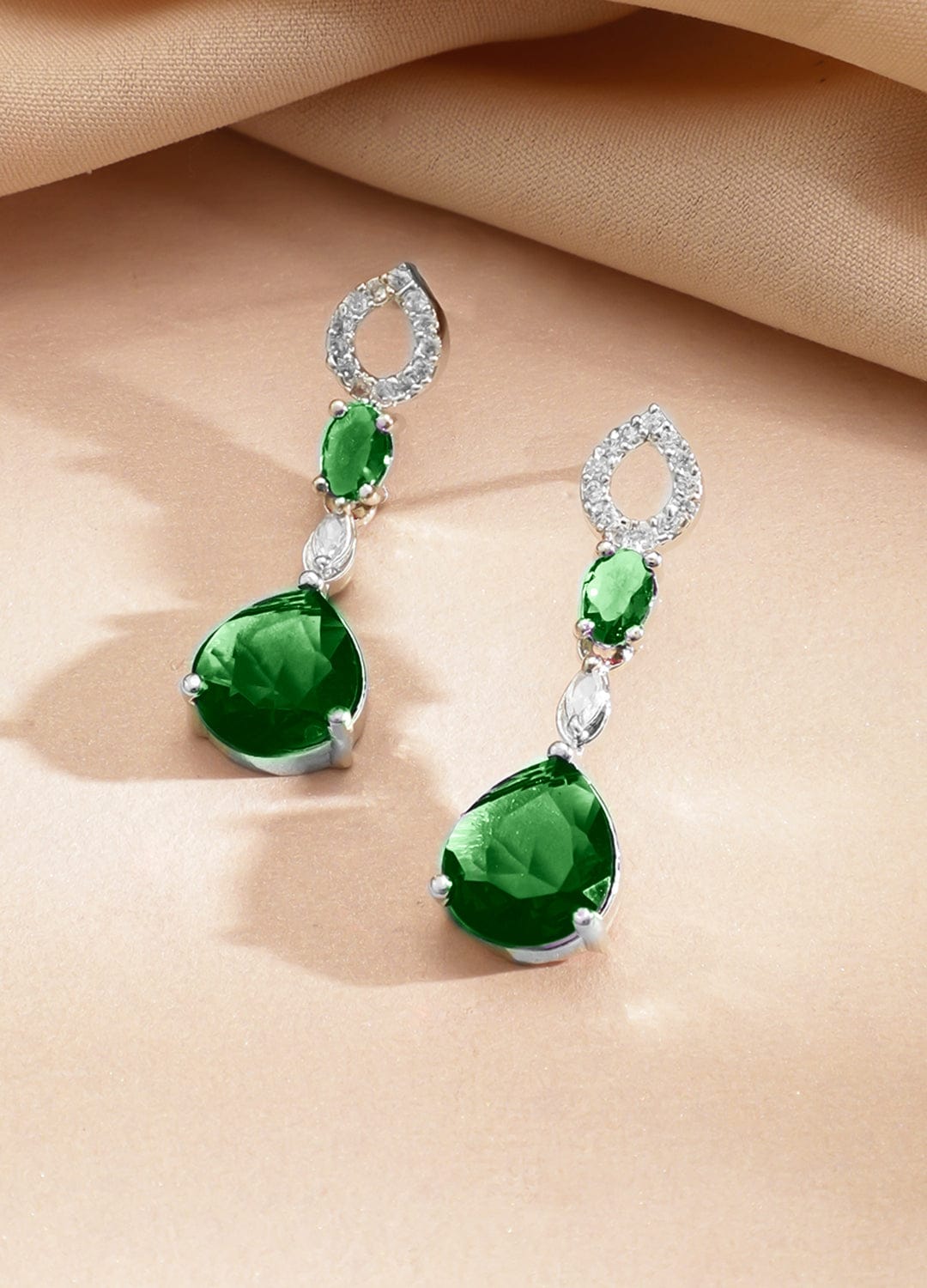 Rubans Rhodium-Plated Emerald Green Stone & Cubic Zirconia Classic Necklace Set Jewellery Set