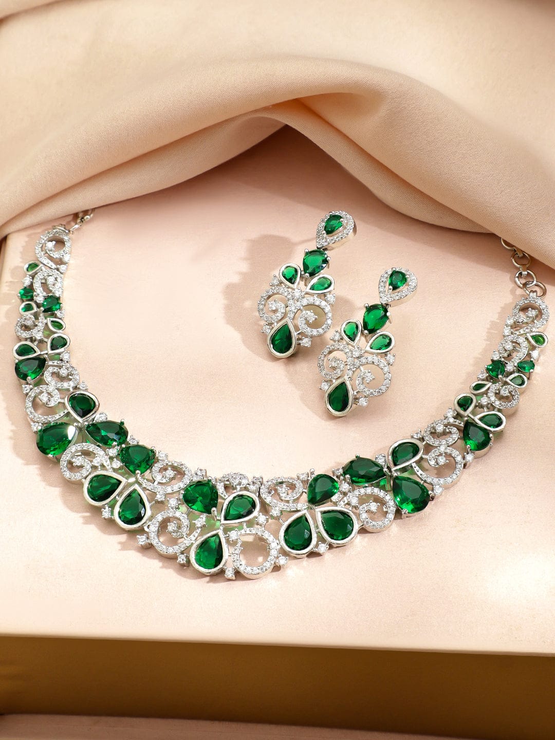 Rubans Rhodium-Plated Emerald Green Stone & Cubic Zirconia Floral Statement Necklace Set Jewellery Set