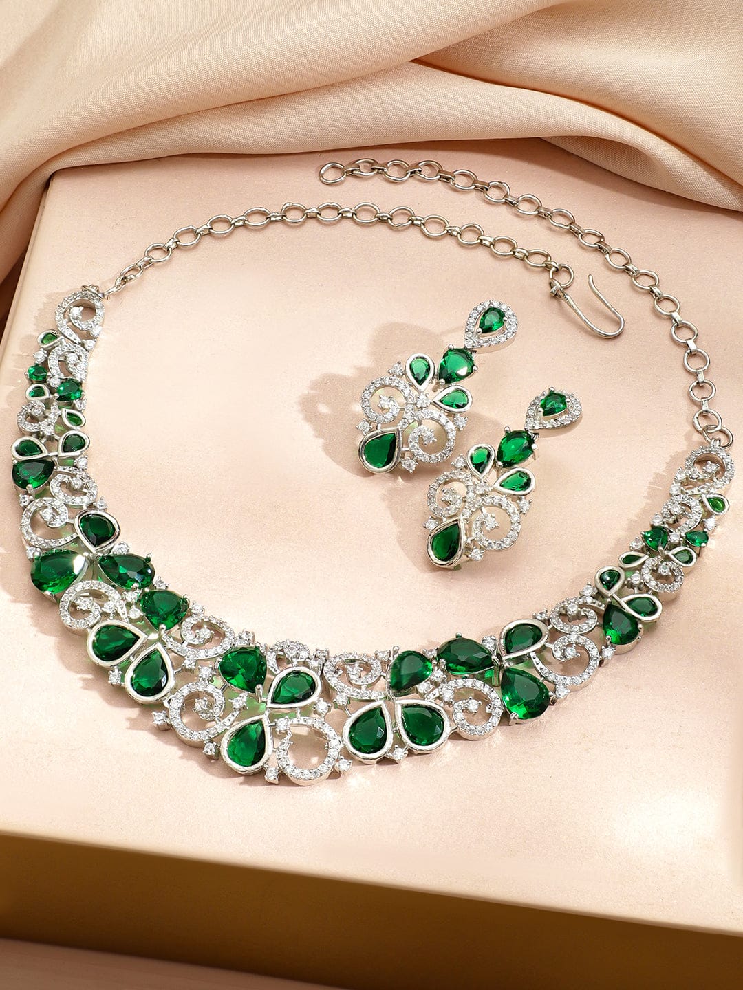 Rubans Rhodium-Plated Emerald Green Stone & Cubic Zirconia Floral Statement Necklace Set Jewellery Set