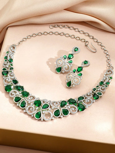 Rubans Rhodium-Plated Emerald Green Stone & Cubic Zirconia Floral Statement Necklace Set Jewellery Set