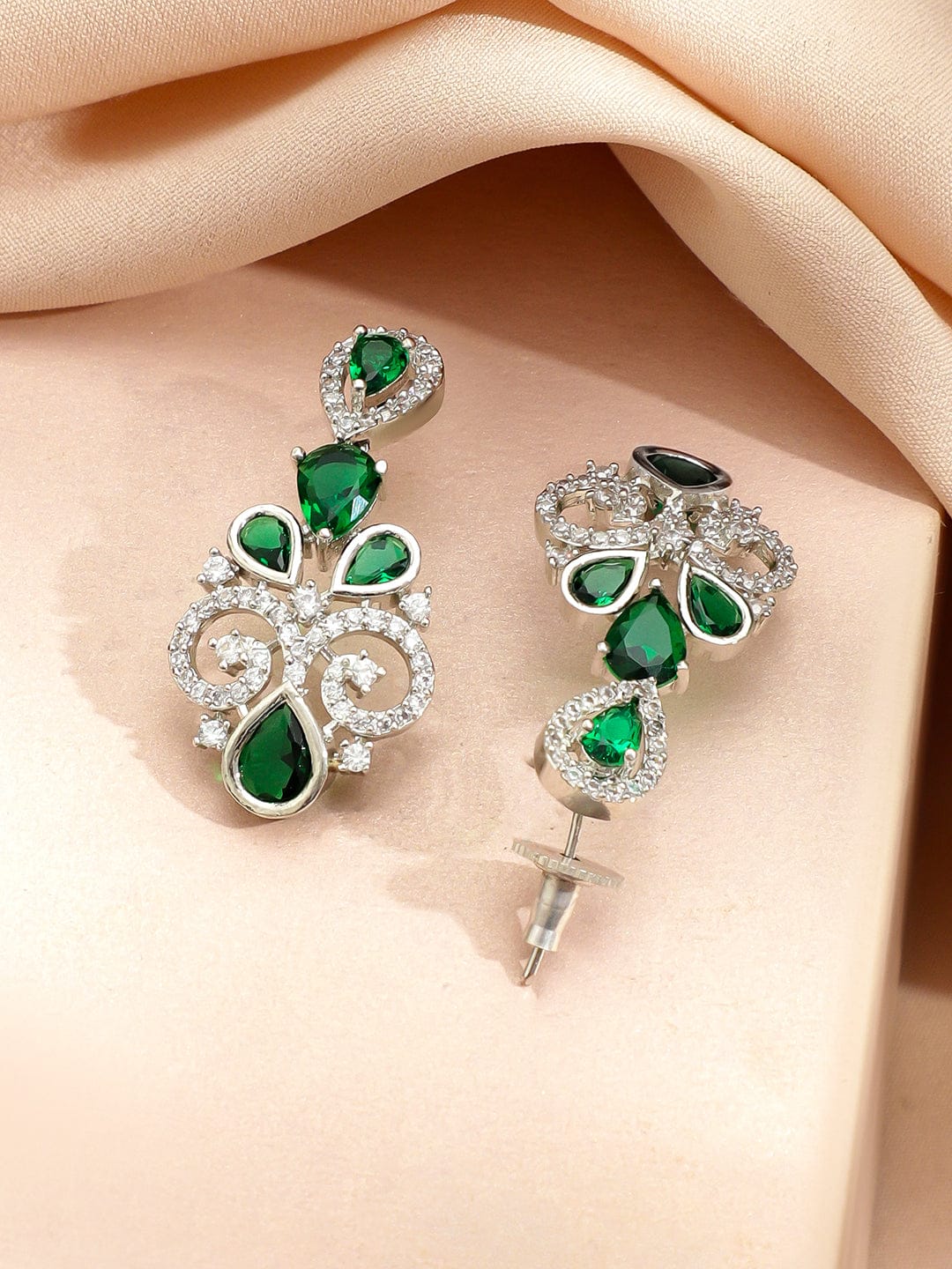 Rubans Rhodium-Plated Emerald Green Stone & Cubic Zirconia Floral Statement Necklace Set Jewellery Set