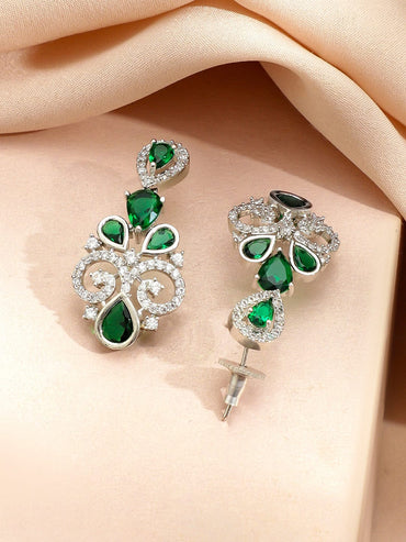 Rubans Rhodium-Plated Emerald Green Stone & Cubic Zirconia Floral Statement Necklace Set Jewellery Set