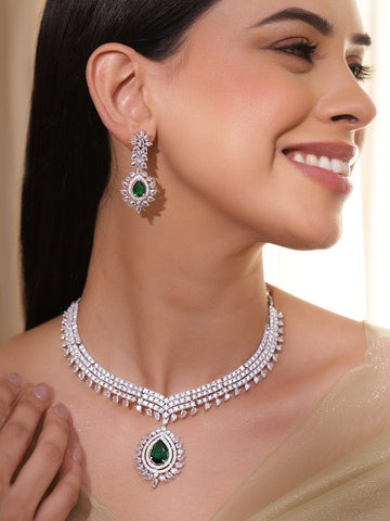 Rubans Rhodium-Plated Emerald Green Stone & Cubic Zirconia Luxe Designer Statement Necklace Set Necklace Set
