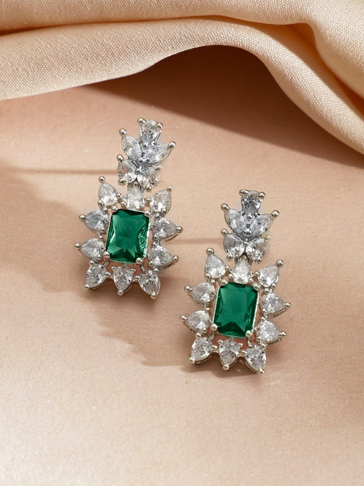 Rubans Rhodium-Plated Emerald Green Stone & Cubic Zirconia Studded Pendant Frame Necklace Set Jewellery Set