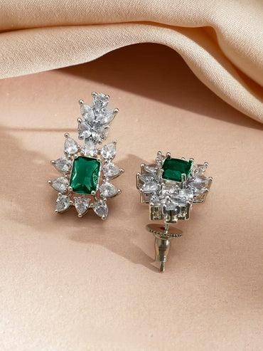 Rubans Rhodium-Plated Emerald Green Stone & Cubic Zirconia Studded Pendant Frame Necklace Set Jewellery Set