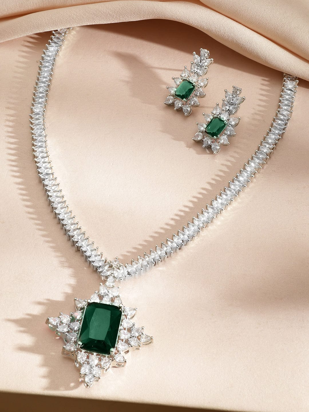 Rubans Rhodium-Plated Emerald Green Stone & Cubic Zirconia Studded Pendant Frame Necklace Set Jewellery Set