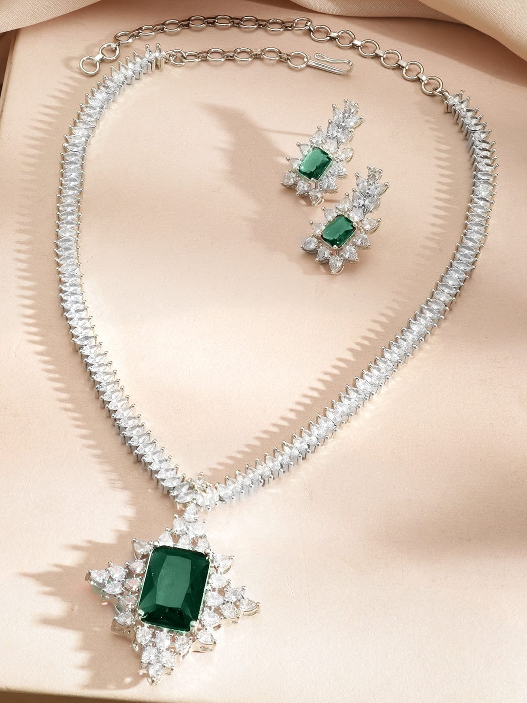 Rubans Rhodium-Plated Emerald Green Stone & Cubic Zirconia Studded Pendant Frame Necklace Set Jewellery Set