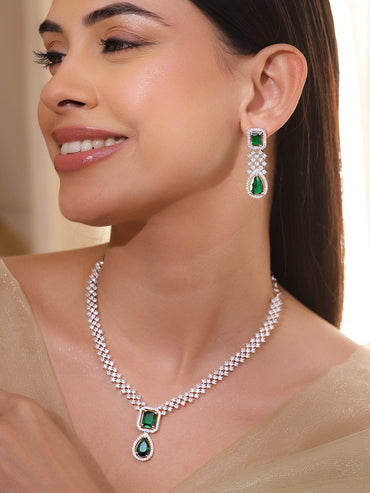 Rubans Rhodium-Plated Emerald Green Stones & Cubic Zirconia Designer Necklace Set Jewellery Set