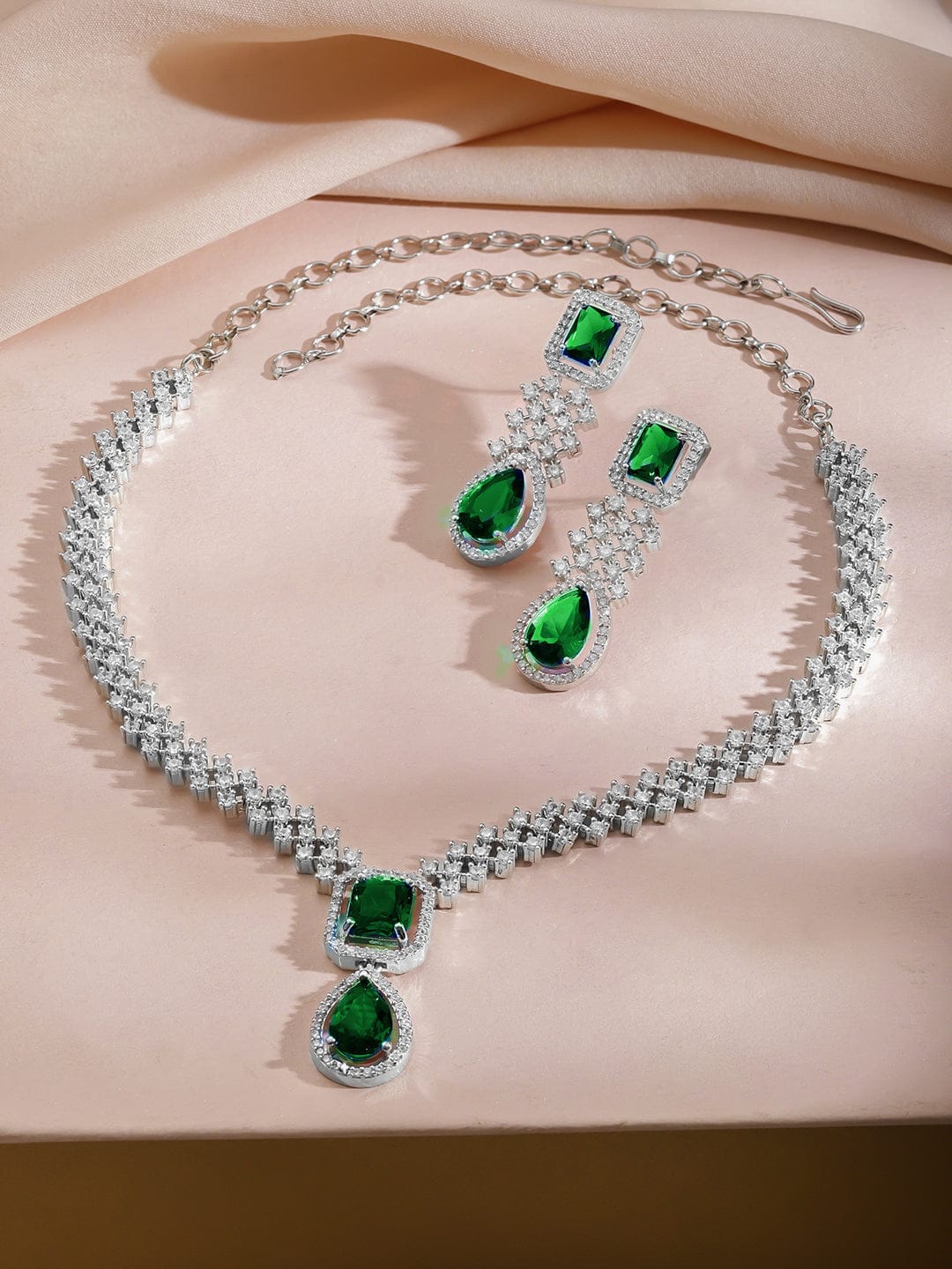 Rubans Rhodium-Plated Emerald Green Stones & Cubic Zirconia Designer Necklace Set Jewellery Set