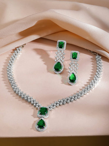 Rubans Rhodium-Plated Emerald Green Stones & Cubic Zirconia Designer Necklace Set Jewellery Set