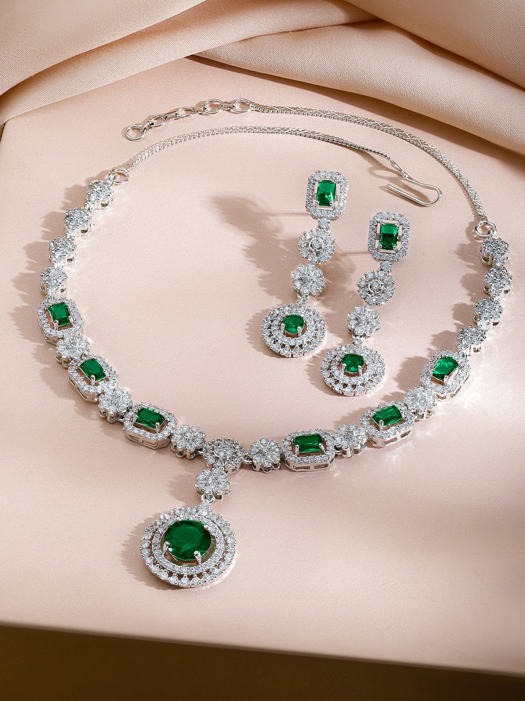 Rubans Rhodium-Plated Emerald Green Stones & Cubic Zirconia Statement Necklace Set Jewellery Set
