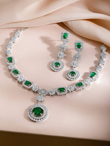 Rubans Rhodium-Plated Emerald Green Stones & Cubic Zirconia Statement Necklace Set Jewellery Set