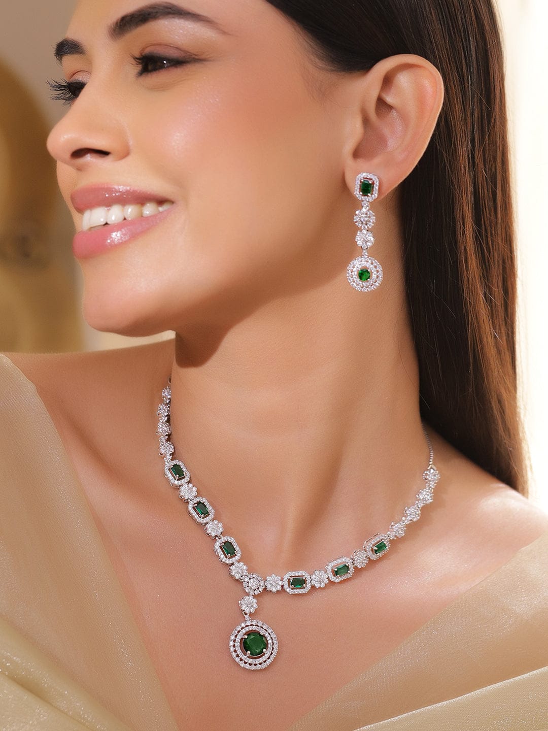 Rubans Rhodium-Plated Emerald Green Stones & Cubic Zirconia Statement Necklace Set Jewellery Set