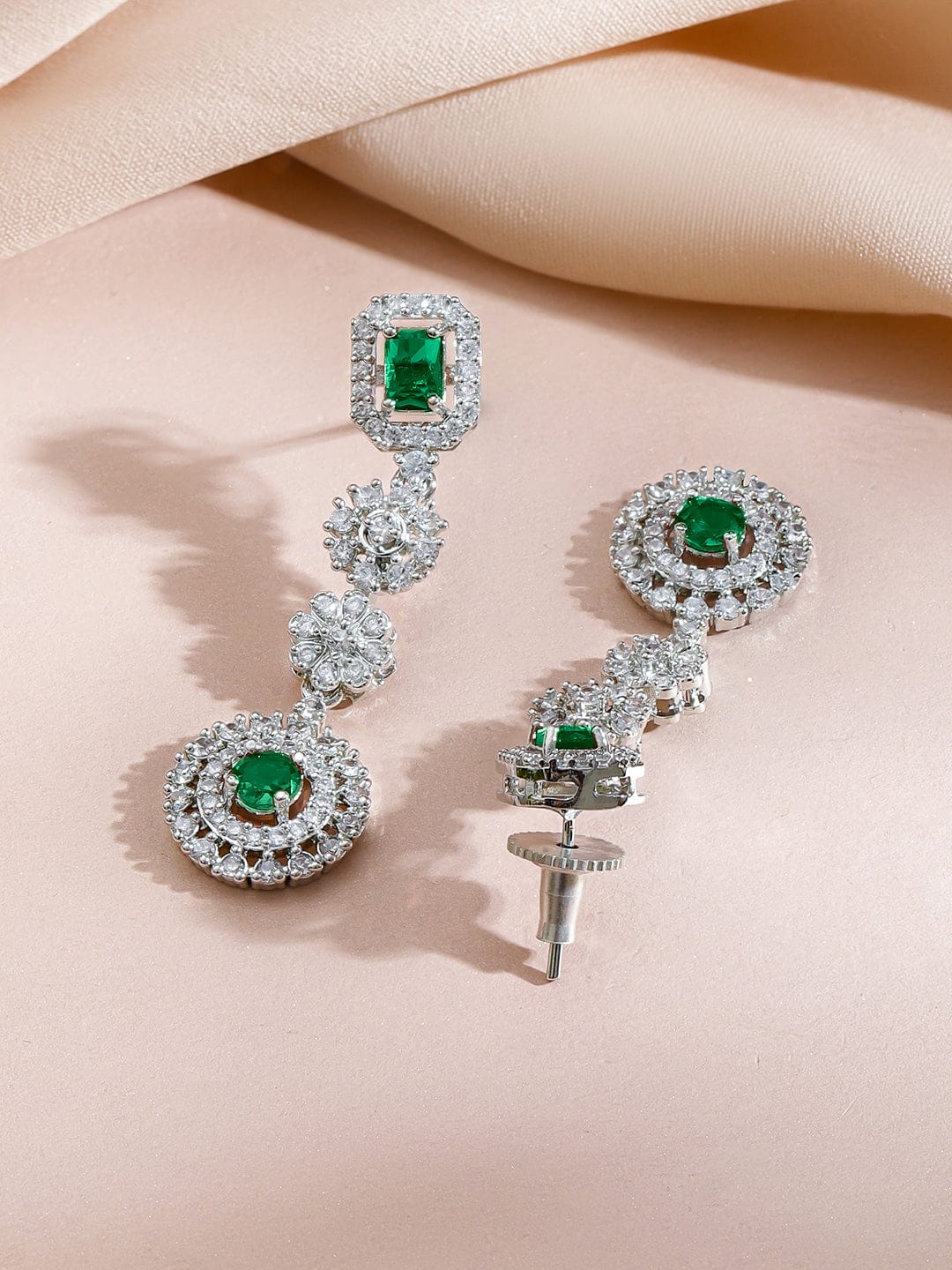 Rubans Rhodium-Plated Emerald Green Stones & Cubic Zirconia Statement Necklace Set Jewellery Set